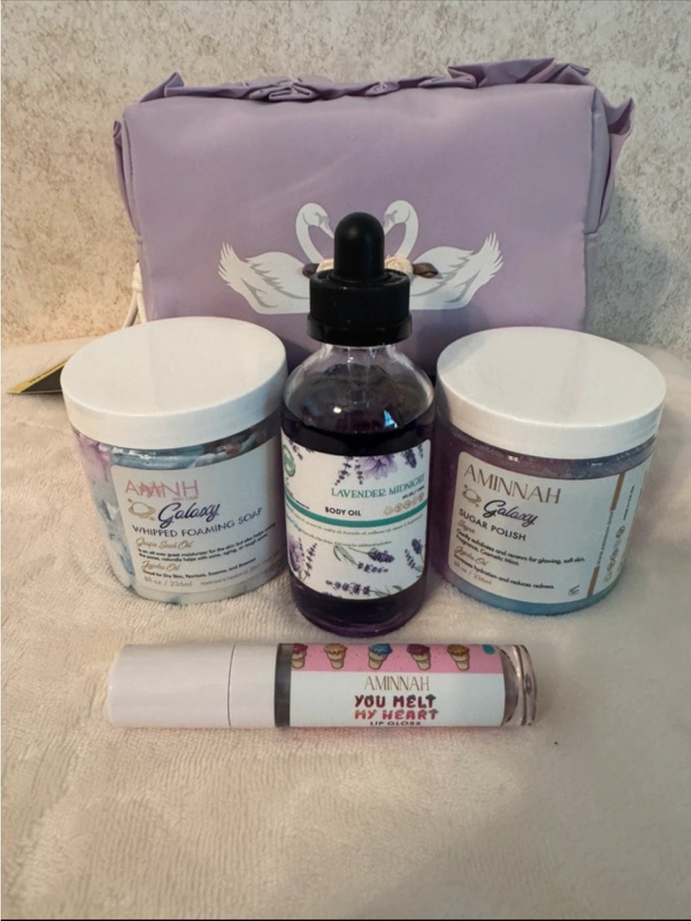 Aminnah Lavender Body Care Set — Lavender & Lilac Galaxy Aminnah and bag.
